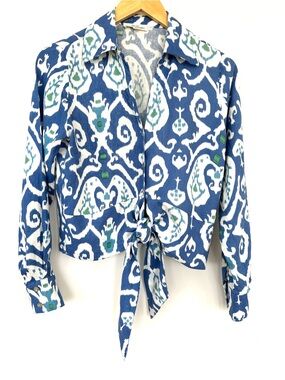 Christian Siriano Blue Ikat Long Sleeve Top With Tie at Waist, Linen Blend